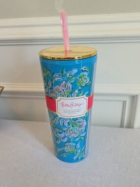 Lilly Pulitzer Blue Floral Insulated Tumbler with Pink Straw and Gold Lid